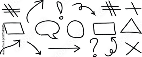 A collection of various hand drawn punctuation marks and geometric shapes on a white background with black lines