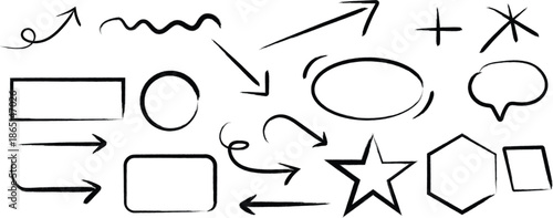 A collection of 16 hand drawn black and white icons including arrows shapes and symbols for design and editing purposes