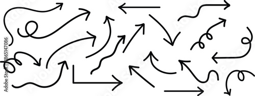 A collection of hand drawn arrows pointing in various directions on a white background with black lines