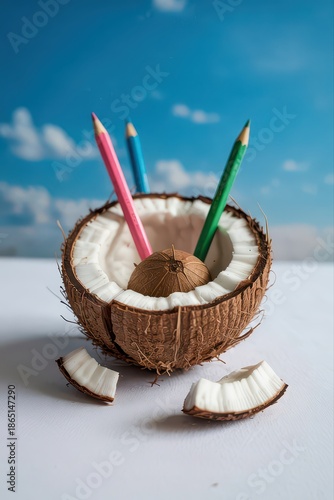 Creative pencil holder made from a halved coconut.