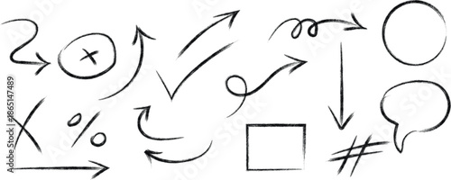 A collection of hand drawn arrows and symbols on a white background with various shapes and markings