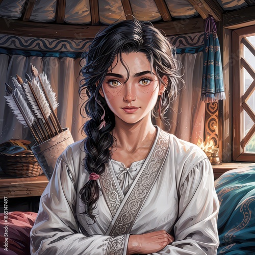 Young warrior woman in a rustic interior setting