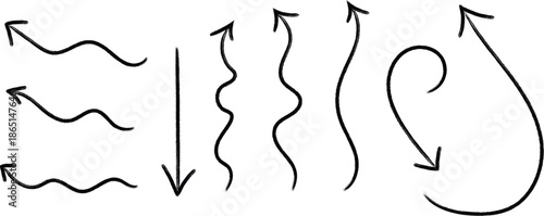 A collection of various black arrows and wavy lines on a white background for design and directional indications