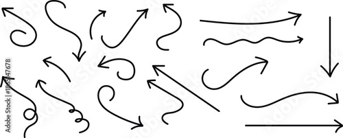 Collection of various curved and straight arrows in black on a white background for design and directional purposes