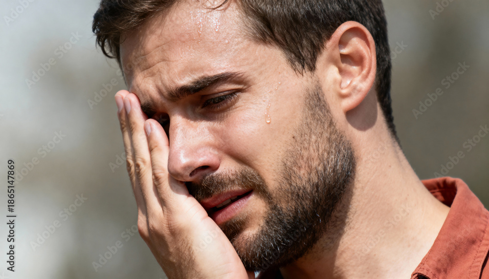 Fototapeta premium A sad man crying in pain and despair. Close-up portrait of a grieving person with tears. Emotional distress and mental health concept