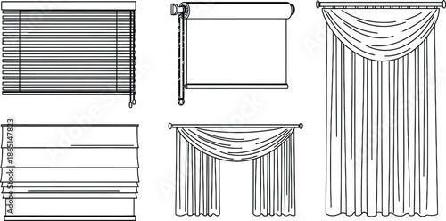 Line art vector set of 4 window covering types venetian blinds roller shade roman blind and curtains