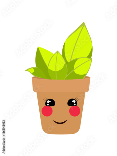 Сartoon illustration of a potted plant with a smiling face. Сartoon plant in flowerpot. Cute potted plant kawaii character isolated on white background. Vector illustration