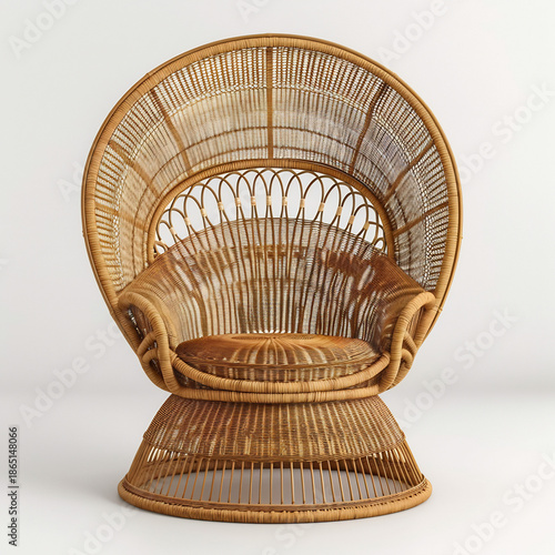 Classic wicker peacock chair with large circular backrest on white background for minimalist interior design