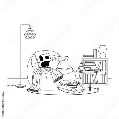 Cozy Reading Nook With Beanbag Chair And Books In Line Art Style Keywords: reading nook, cozy