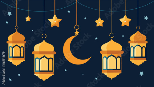 Decorative Islamic lanterns and crescent moon with stars hanging against a white background.