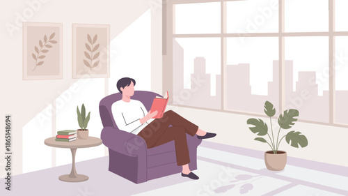 Man reading book in cozy living room illustration with city view window isolated on light background representing relaxation, home lifestyle and leisure time