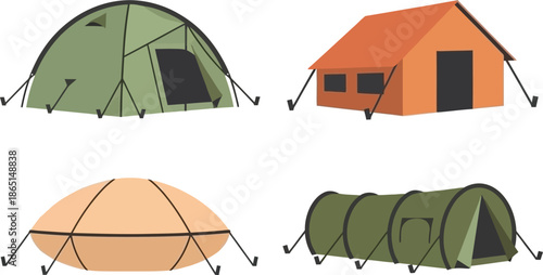 Flat design set of 4 camping tent styles dome tent cabin tent popup tent and backpacking tent