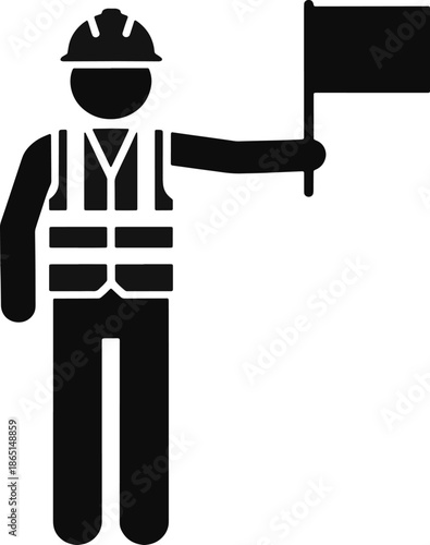 black and white silhouette icon of a flagman or road worker