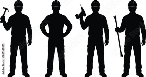 Four construction worker silhouettes wearing safety helmets holding tools isolated on white background representing labor workforce industry safety and teamwork concepts