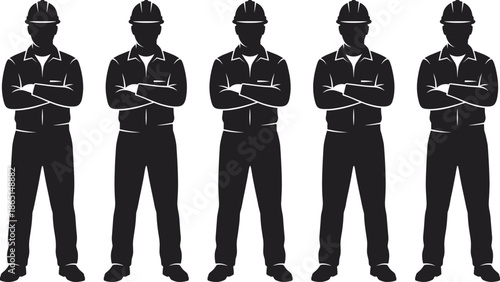 Group of industrial worker silhouettes wearing safety helmets standing with crossed arms isolated on white background symbolizing teamwork strength and construction workforce