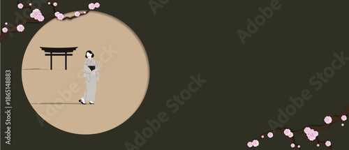 Minimal Japanese illustration with geisha near torii gate and cherry blossoms. Elegant Asian composition inspired by traditional Japan, sakura season and calm oriental aesthetics.