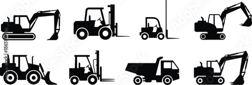 Black construction vehicle silhouette set with excavators, forklifts, dump trucks, and loaders for industrial, signage, and education themes.