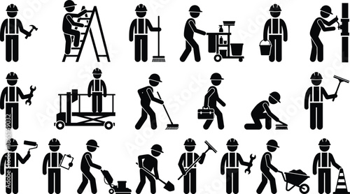Set of construction worker icons silhouettes performing various labor tasks with tools isolated on white background representing industry safety workforce services icons