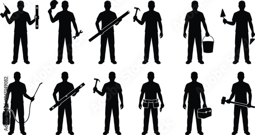 Set of construction worker silhouettes holding various tools isolated on white background representing skilled labor professions industry safety and workforce diversity