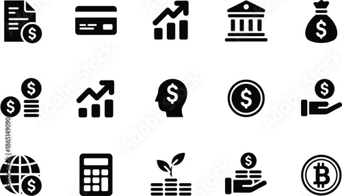 Black financial icon set with banking, investment, budgeting, and cryptocurrency symbols for business, fintech, and economic themes.