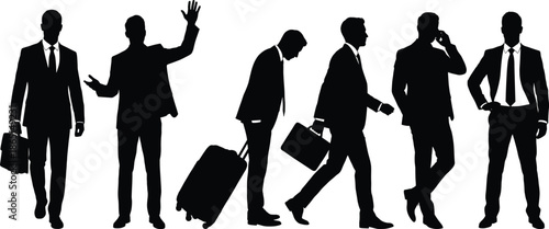 Businessman silhouettes in different poses carrying briefcase and luggage isolated on white background representing corporate lifestyle travel work routine and professional success concept