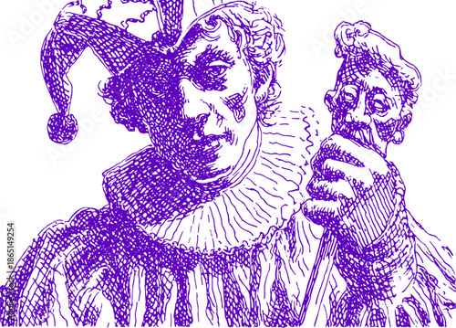 Illustration of a clown character in purple. Historical design featuring traditional costume and hat in a creative vector art style.