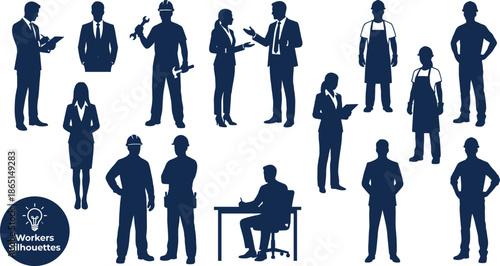 Collection of professional worker silhouettes including business people engineers and service staff isolated on white background representing workforce diversity and teamwork concepts