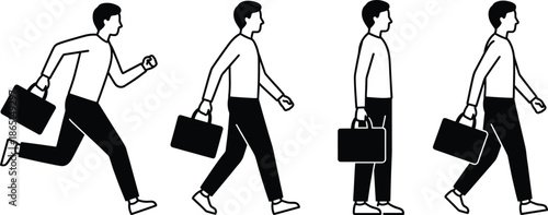Businessman walking and running sequence silhouettes carrying briefcase isolated on white background representing career progress work routine and professional lifestyle concept