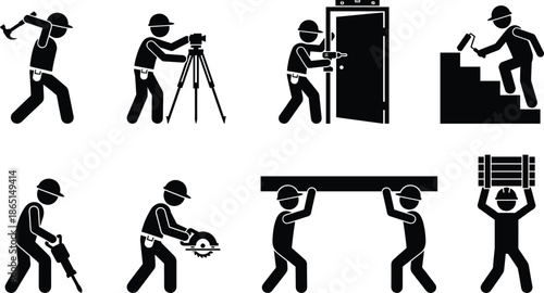 Construction worker silhouettes performing building tasks with tools and equipment isolated on white background representing industrial labor safety and teamwork concept