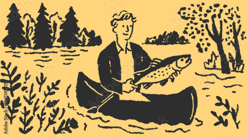 Fishing man in a canoe on a river. Simple vector illustration of nature scenery with trees and water.