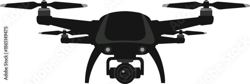 Professional quadcopter drone vector illustration with high-definition camera for aerial photography, surveillance technology, and modern remote-controlled flying device design elements.