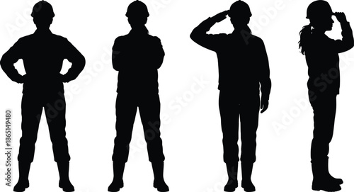 Construction worker silhouettes wearing safety helmets in standing and saluting poses isolated on white background representing discipline teamwork and industrial workforce concept