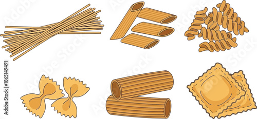 Flat vector set of 6 pasta shapes spaghetti penne fusilli farfalle rigatoni and ravioli solid wheat