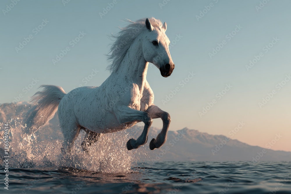 Fototapeta premium Majestic white horse running through water against a scenic backdrop