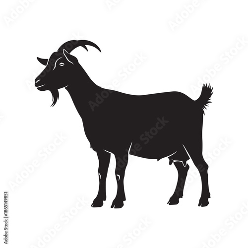Female Goat Silhouette in Left-Facing Profile with Curved Horns and Udder