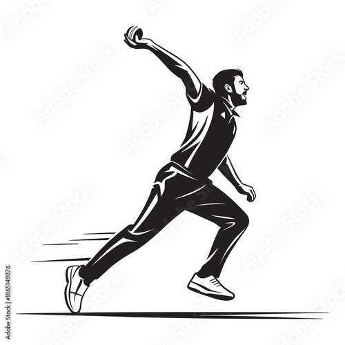 A dynamic black and white illustration of a cricket player bowling a ball during a match.