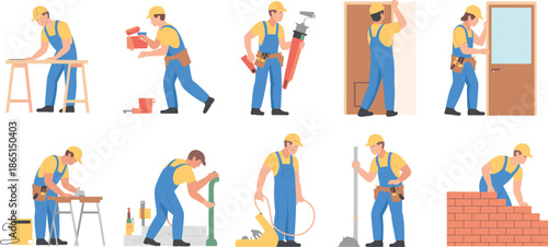 Cartoon handyman and construction worker illustration set with tools and tasks for renovation, repair, and building industry themes.