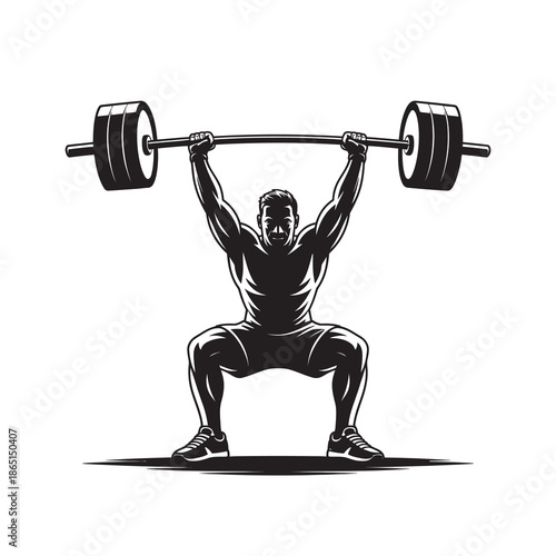 Strong athlete executes an overhead barbell lift, showcasing power and dedication in a simple graphic
