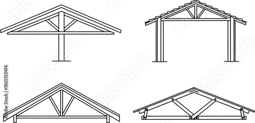 Line art vector set of 4 roof truss types king post queen post fink truss and scissor truss