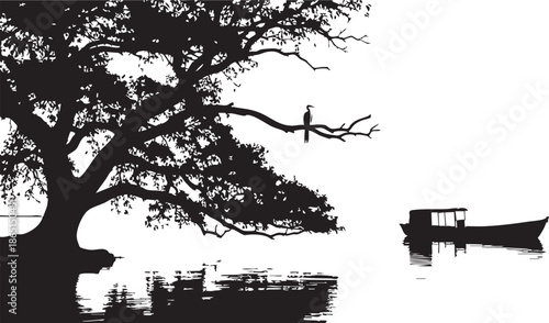 Black silhouette of tree with bird on branch over water with boat