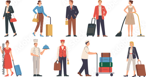 Cartoon hotel and travel character set with guests, staff, and service roles for hospitality, tourism, and vacation themes.