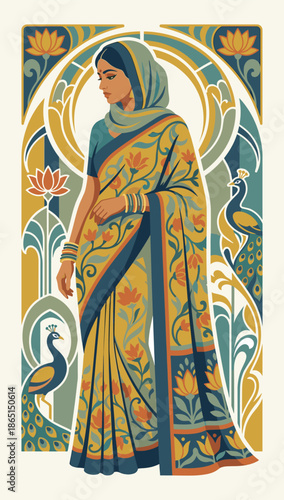Elegant Woman in Sari: A woman, draped in a traditional sari, poses gracefully amidst the decorative elements, embodying heritage and cultural pride.