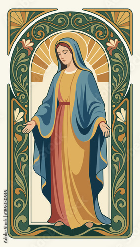 Serene Grace: An illustration of the Virgin Mary, radiating serenity and embodying faith, surrounded by an Art Nouveau frame, and artistic elegance.