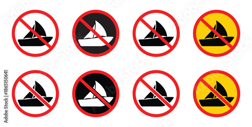 No Sailing Sign. No Sailing Sign Icon, Boating Prohibited Warning Symbol, Marine Restriction Vector Illustration.