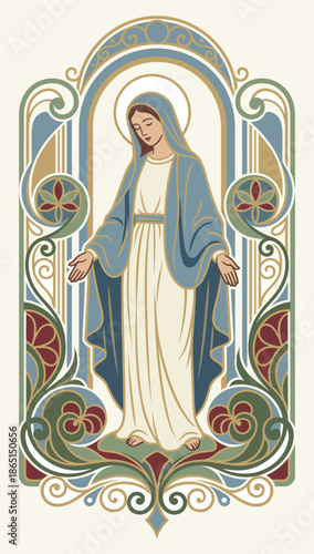 Divine Grace: An artistic portrayal of the Virgin Mary, radiating serenity and embodying faith within an ornate frame.