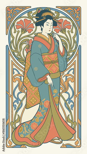 Geisha in Elegance: An illustration of a graceful geisha in traditional attire, set against a backdrop of ornate Art Nouveau floral motifs, creating a sense of timeless beauty and cultural richness.