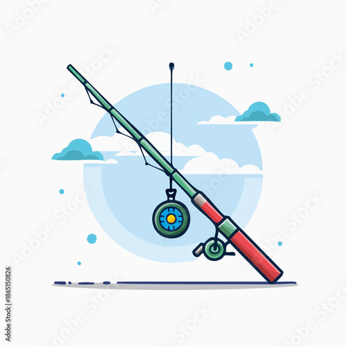 Detailed flat design illustration of a fishing rod with a reel and bobber, perfect for depicting outdoor recreation, angling hobbies, and sports equipment