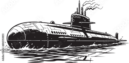Black submarine with smokestack emitting smoke floating on water