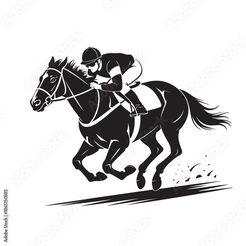 Black and white silhouette of a jockey riding a horse during a fast-paced race.