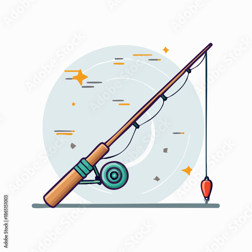 Modern vector art of a fishing rod with a spinning reel and bobber, symbolizing tranquil outdoor hobbies and recreational angling activities. Ideal for leisure and adventure themes